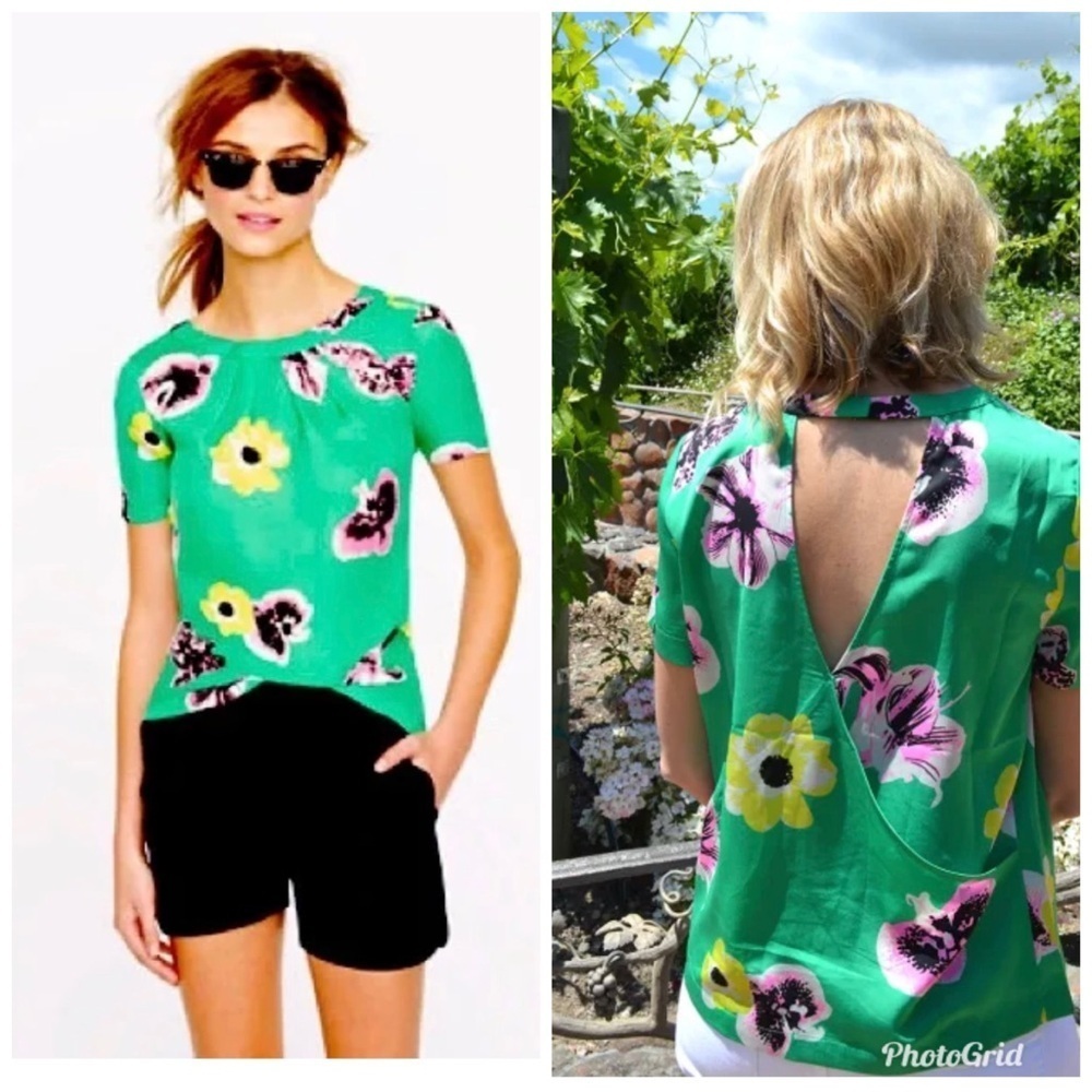 J.Crew Green Floral Silky Scoop Back Twist Blouse XS